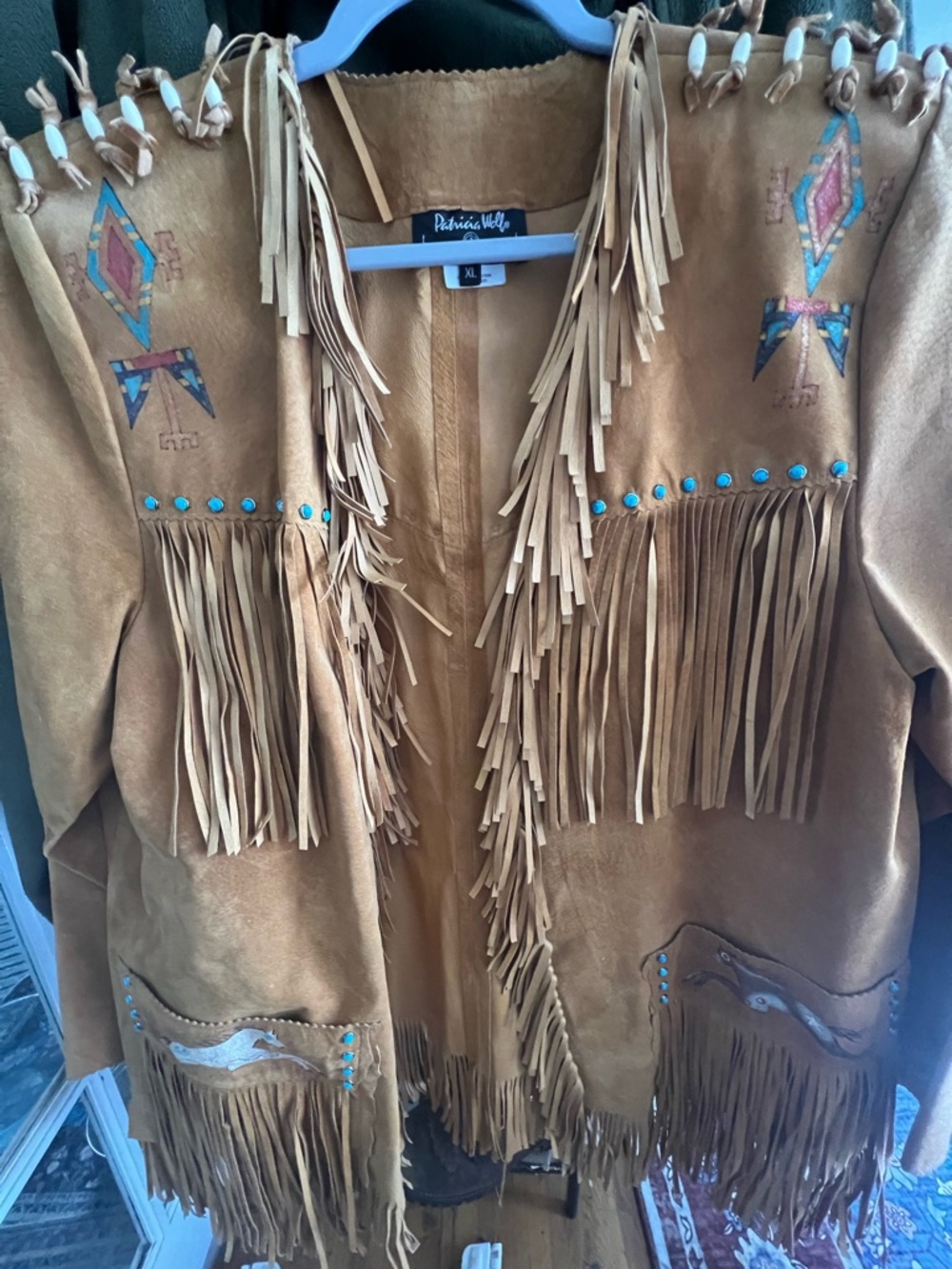 Patricia Wolf hand painted signed leather fringe jacket Indian ponies turquoise